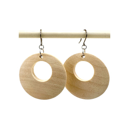 Wooden Hoopish Earrings with titanium hook. on a white background