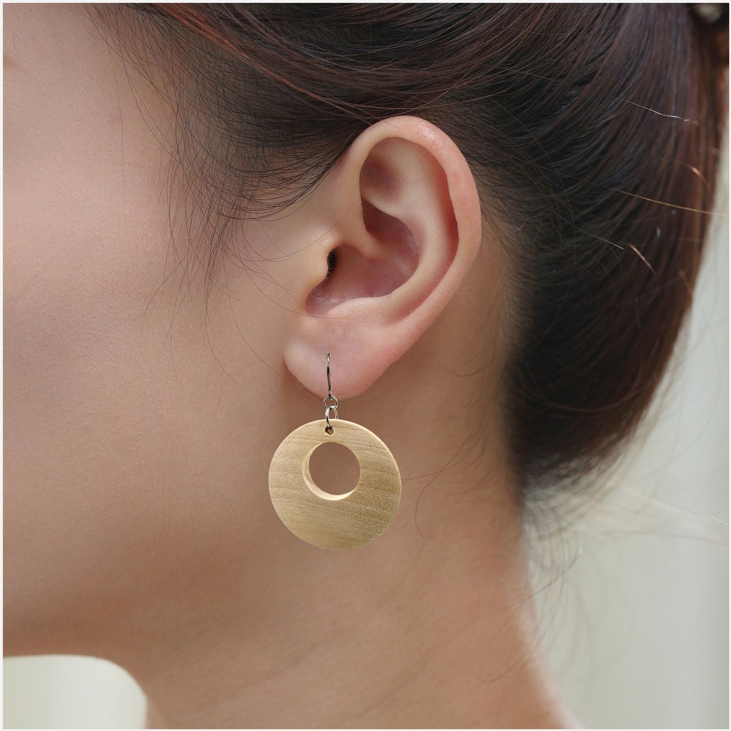 Wooden Hoopish Earrings with titanium hook. on a white background