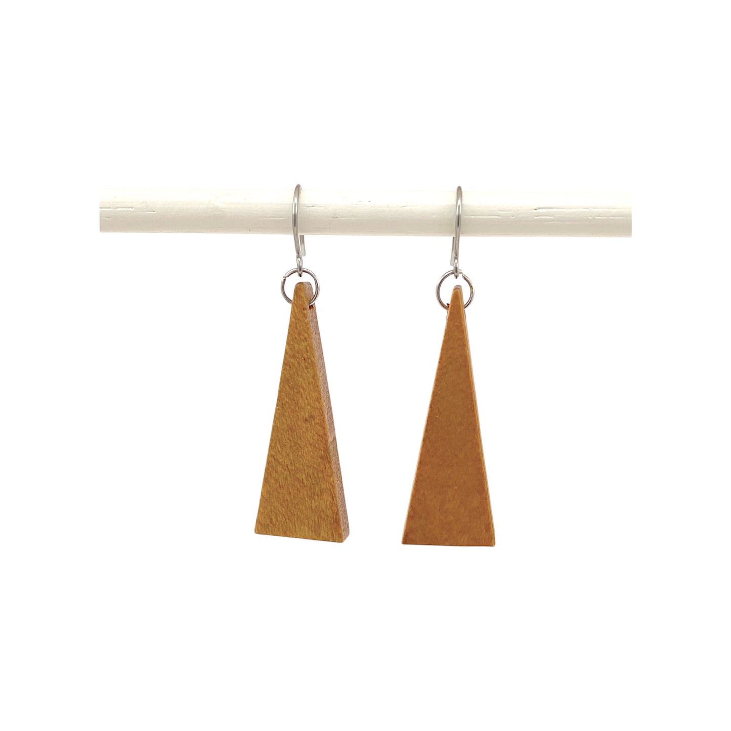 Wooden Triangle Earrings with titanium hook on a white background