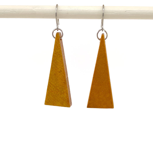 Wooden Triangle Earrings with titanium hook. on a white background