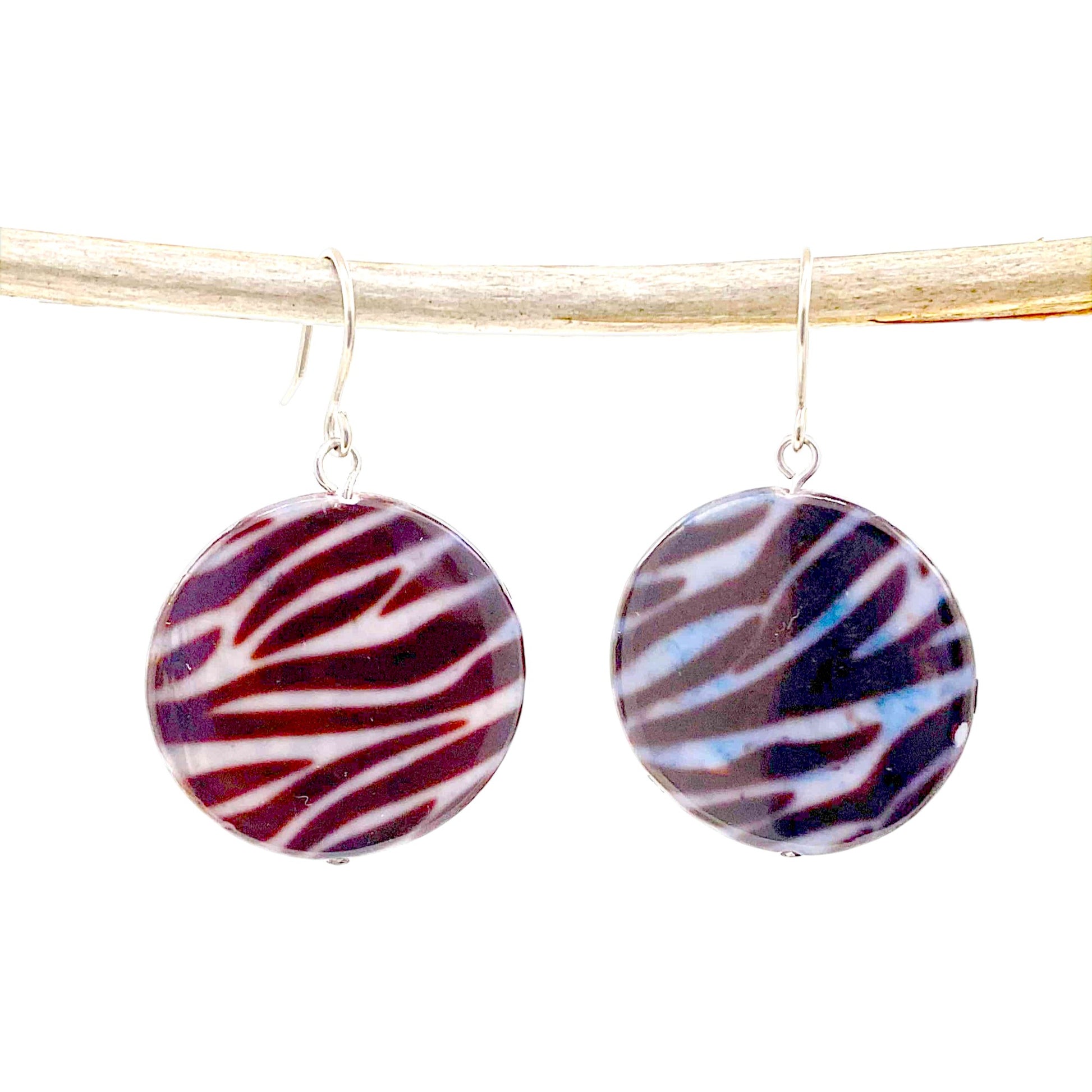 Zebra Stripe Earrings with titanium hook. on a white background