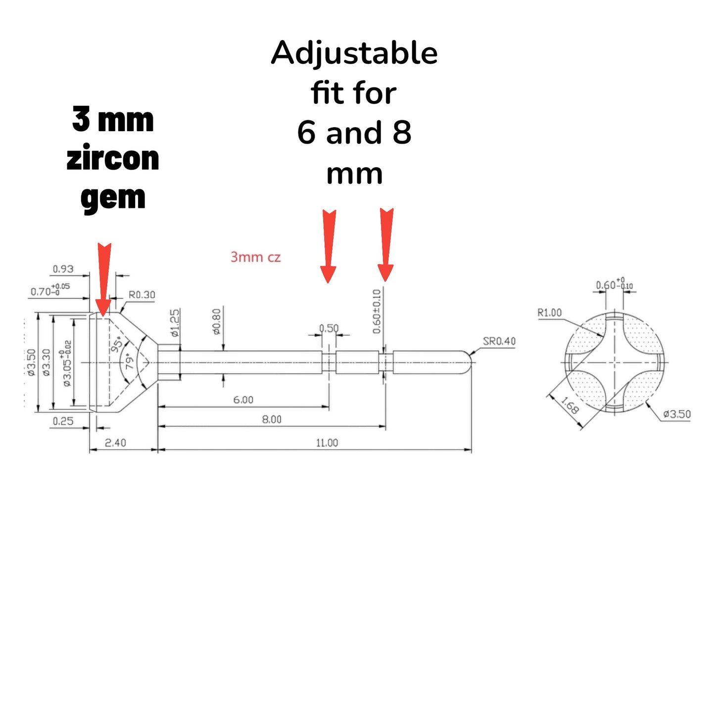 Technical diagram of titanium adjustable earring component with measurements and specifications.