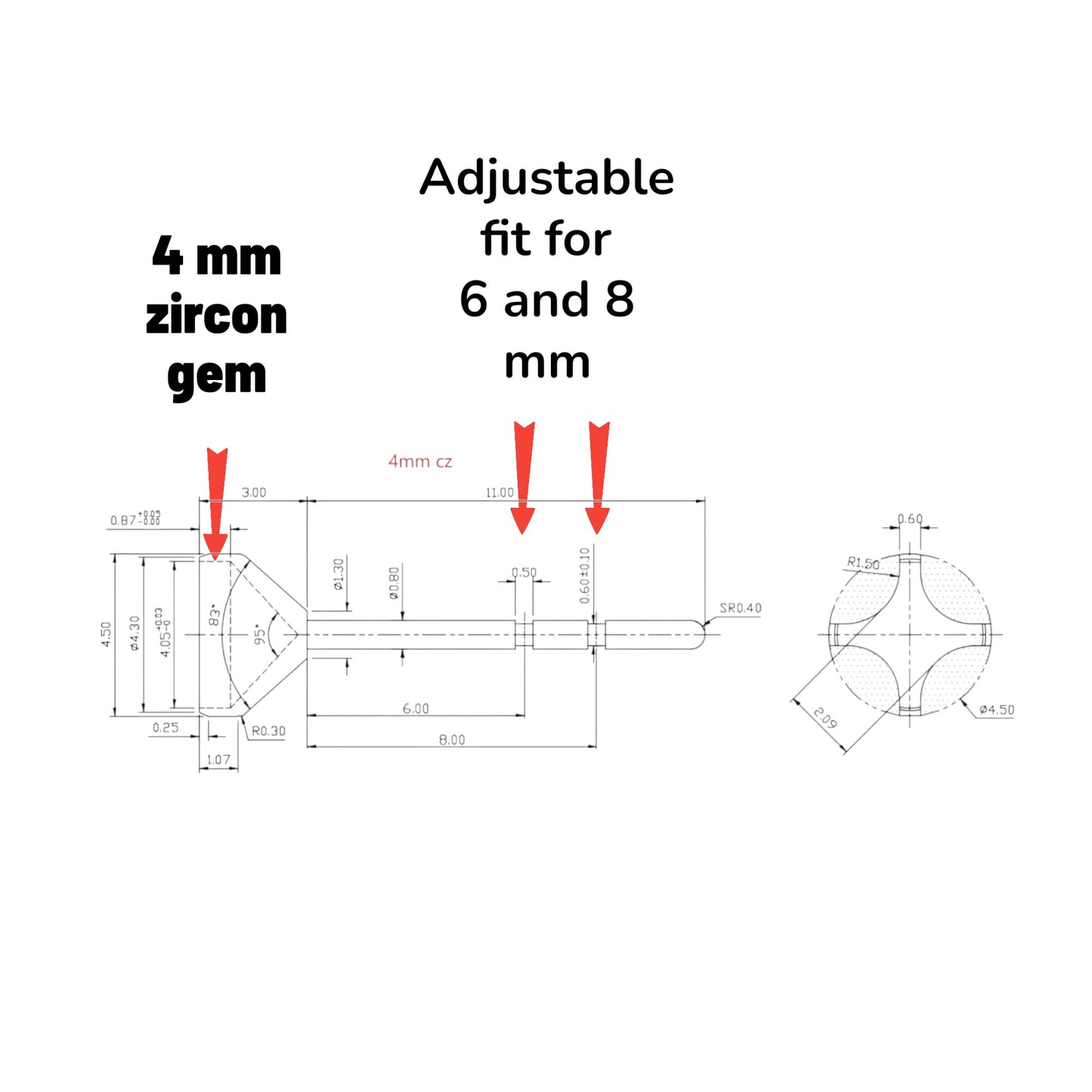 Technical diagram showing titanium earring with adjustable fit for 4 mm zircon gemstone with measurements.
