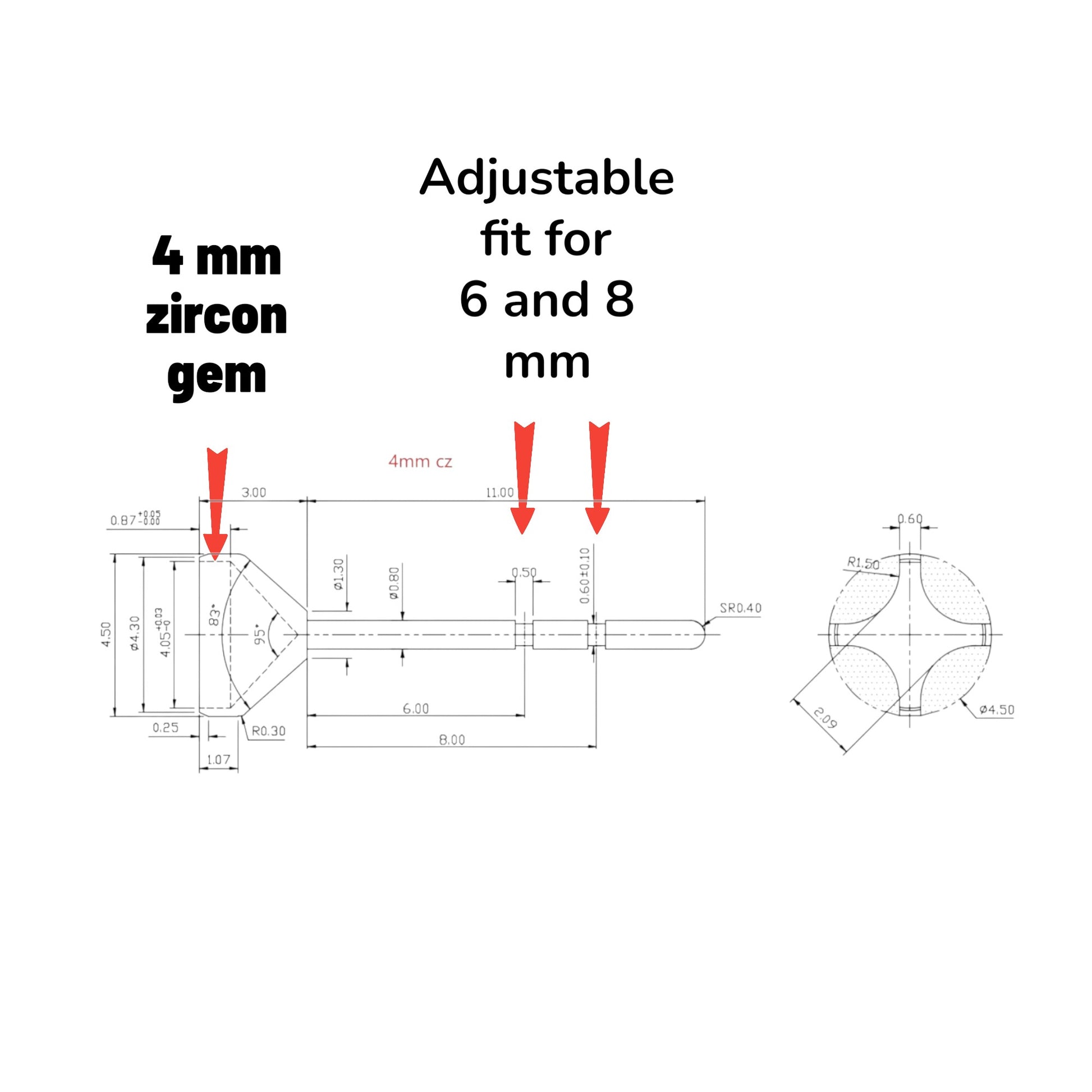 Technical diagram showing titanium earring with adjustable fit for 4 mm zircon gemstone with measurements.