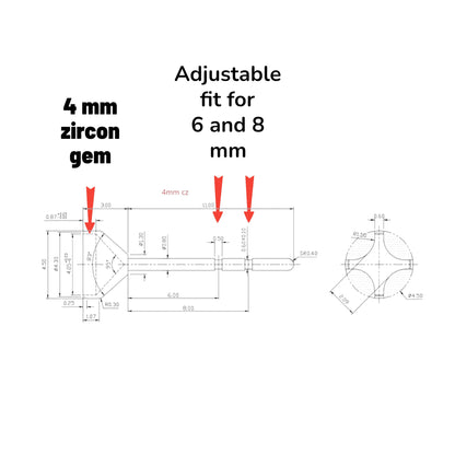 Technical diagram showing titanium earring with adjustable fit for 4 mm zircon gemstone with measurements.