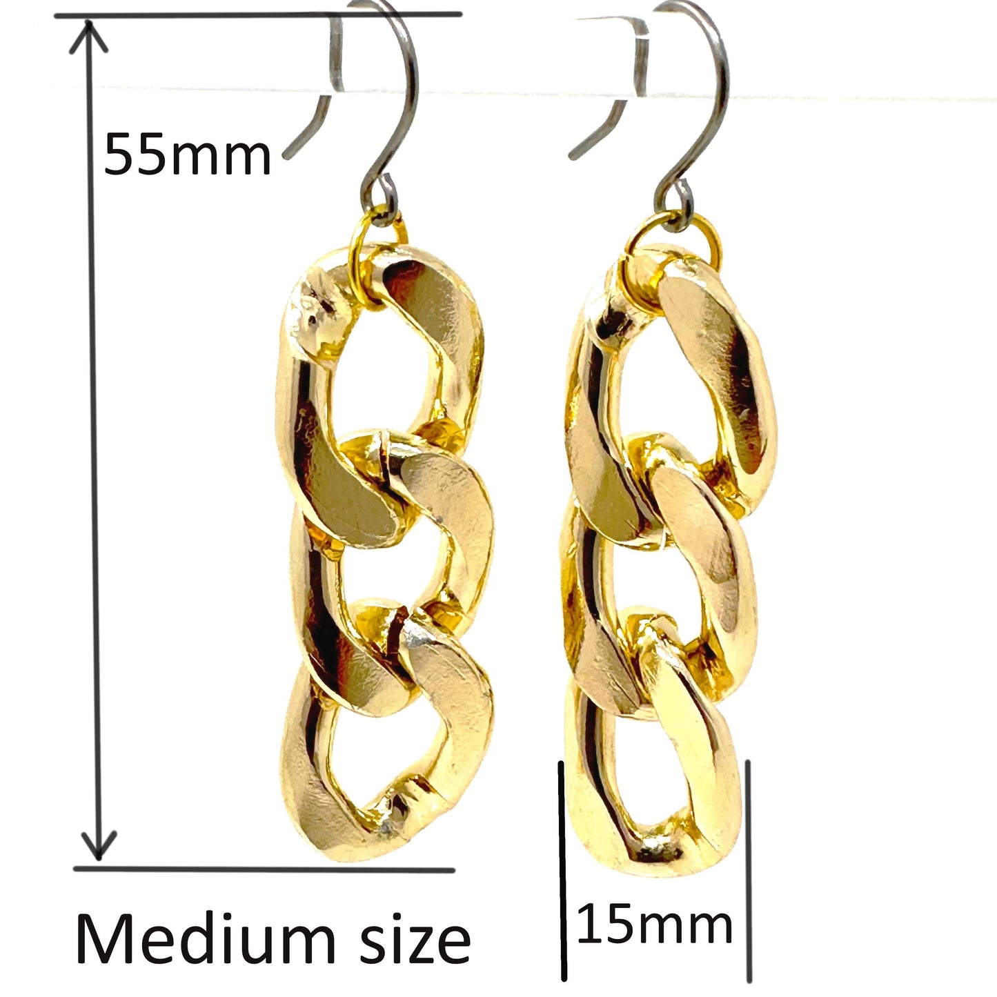 Gold chain earrings and a titanium hook on a white background with dimensions medium size