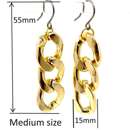 Gold chain earrings and a titanium hook on a white background with dimensions medium size