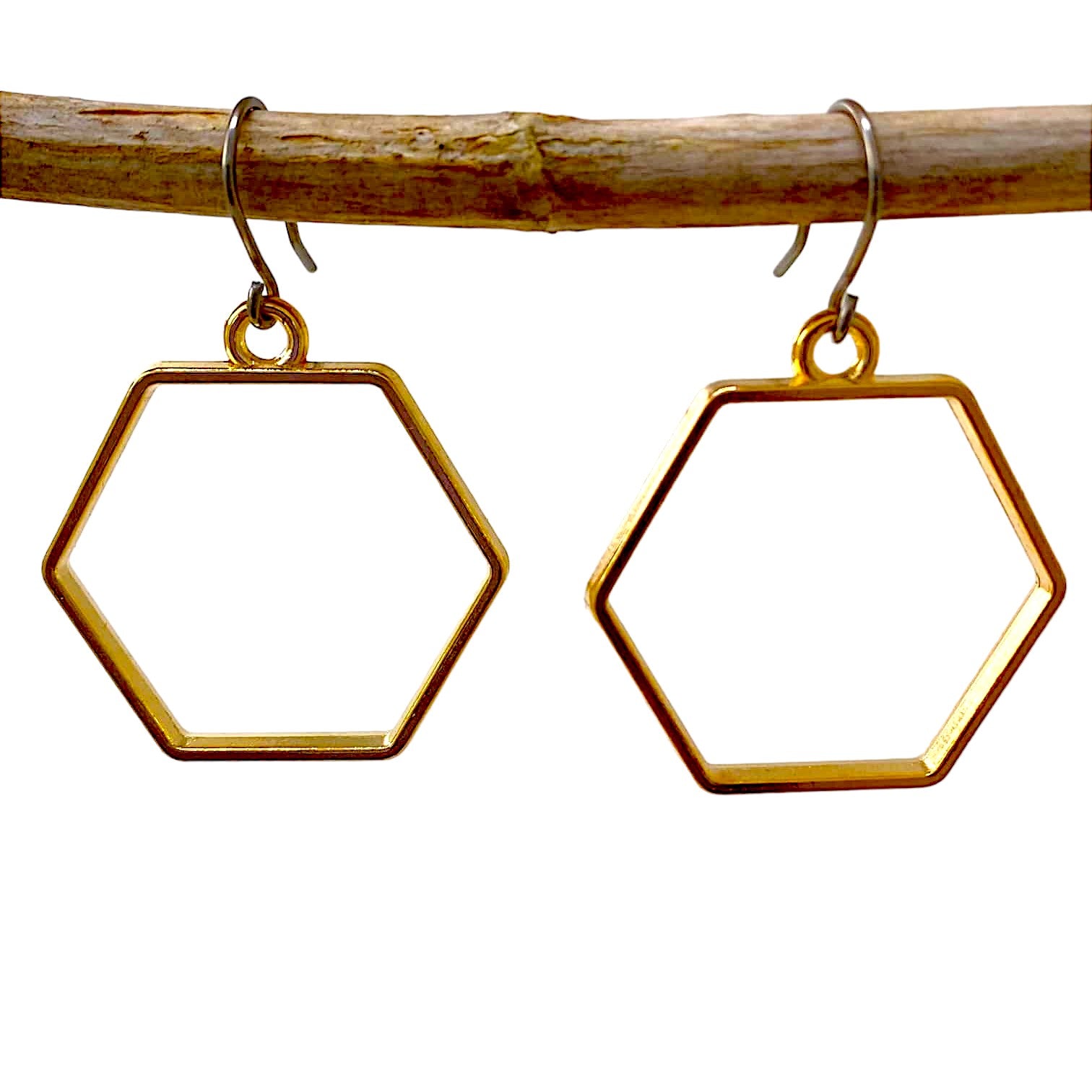 Hexagon hoop polygon drop earrings with a titanium hook on a white background