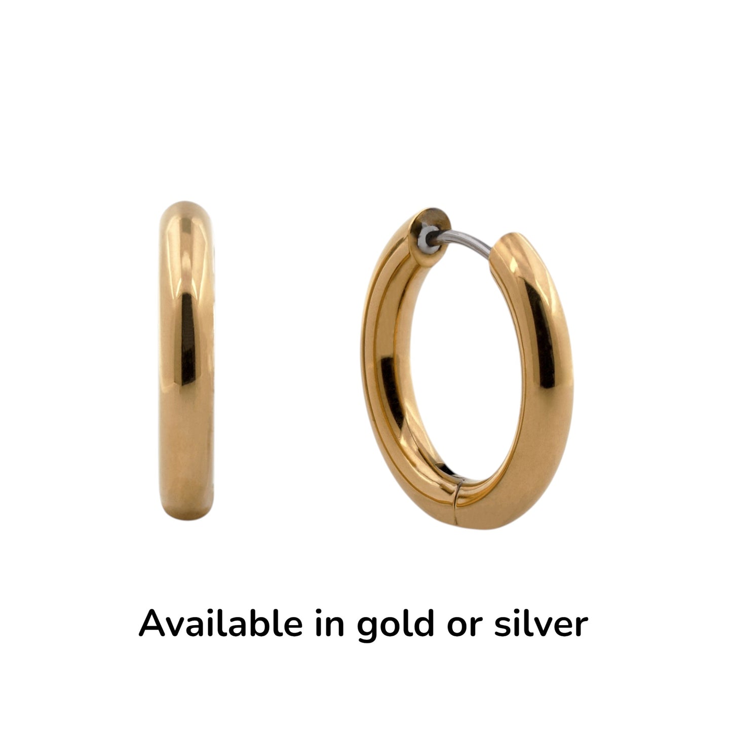 Titanium Gold hoop earrings on a white background available in gold or silver