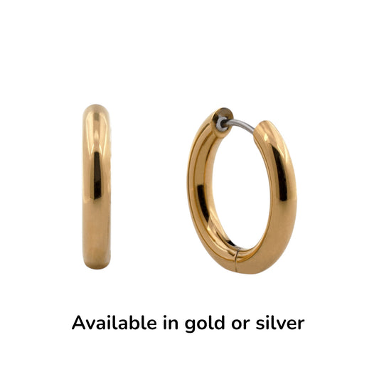 Titanium Gold hoop earrings on a white background available in gold or silver