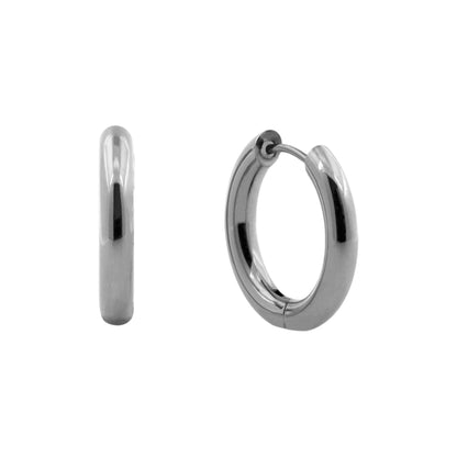Pair of silver titanium hoop earrings on a white background