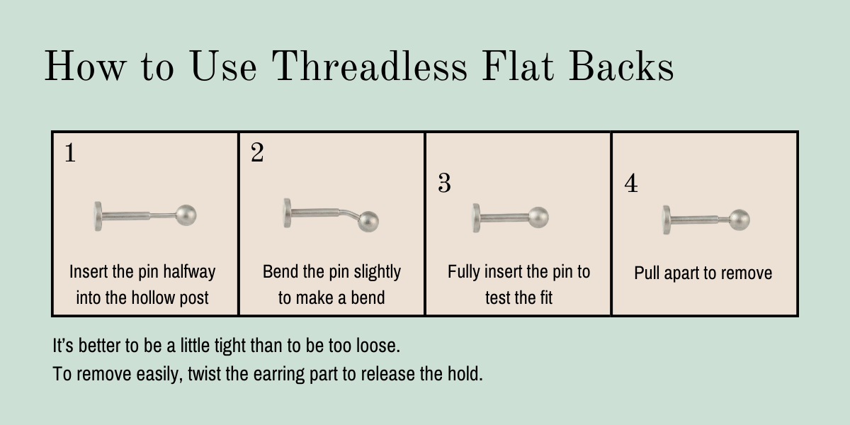 Threadless flat back titanium earring diagram with step-by-step instructions on a white background
