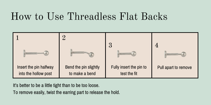 Threadless flat back titanium earring diagram with step-by-step instructions on a white background