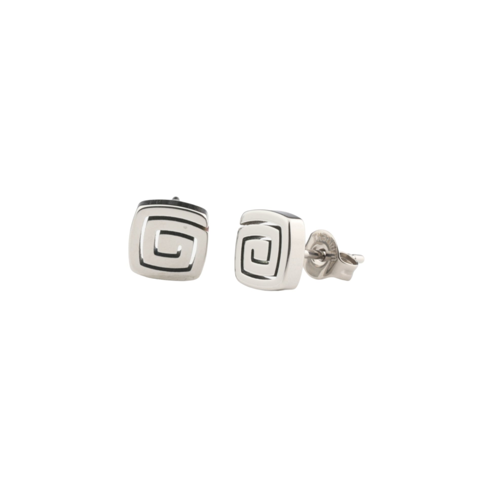 Swirl Titanium Studs -solid titanium studs and backs- Feature a small and minimal design on a white background