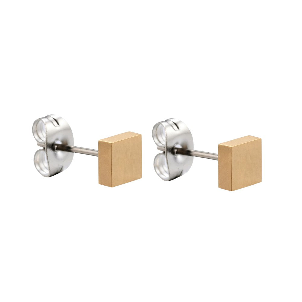 mini titanium gold square studs on a white background