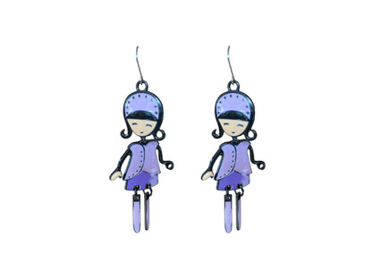Harajuku Girl Charm Drop Earrings purple with a titanium hook on a white background