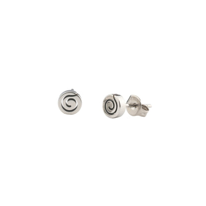 Small Swirl Titanium Studs -solid titanium studs and backs- Feature a small and minimal design on a white background