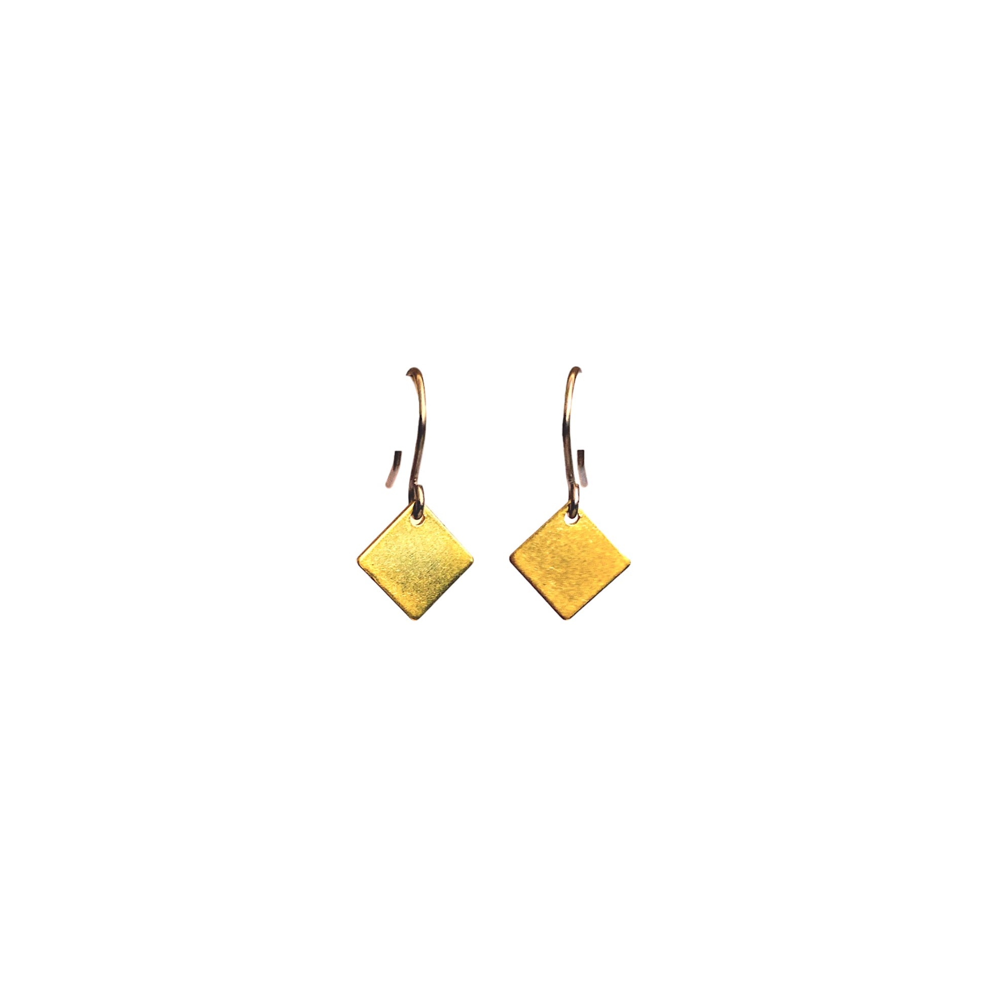 Square gold minimal earrings with a titanium hook on a white background