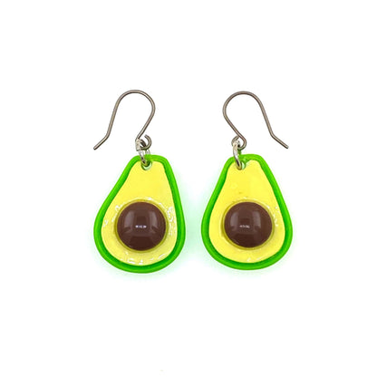 Avocado drop earrings with titanium hook. Green, yellow and brown.