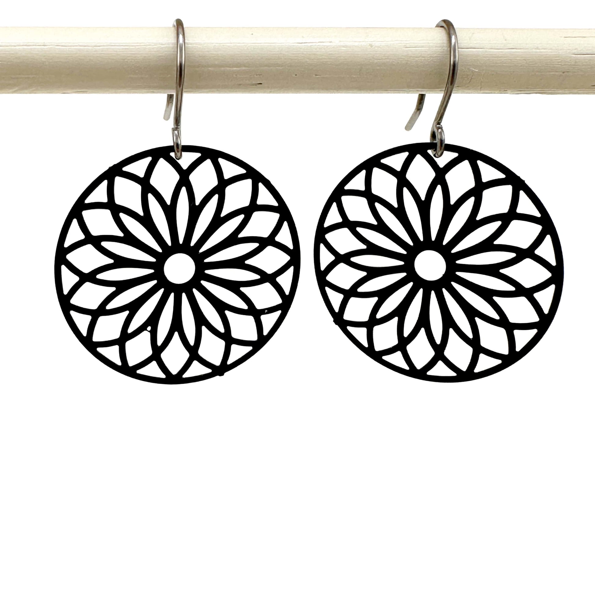 Black Flower Wheel Earrings with titanium hook