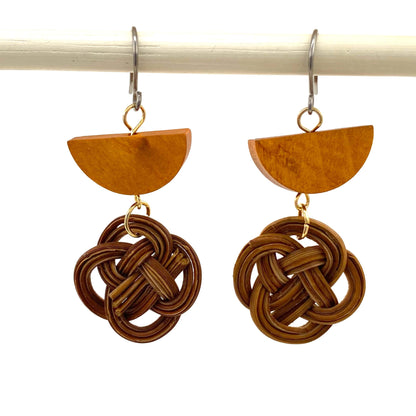 Bohemia Style Rattan Wooden Geometric Earrings with titanium hook on a white young woman.