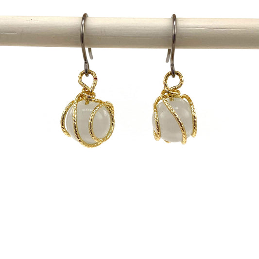 Gold caged pearl earring and a titanium hook on a background