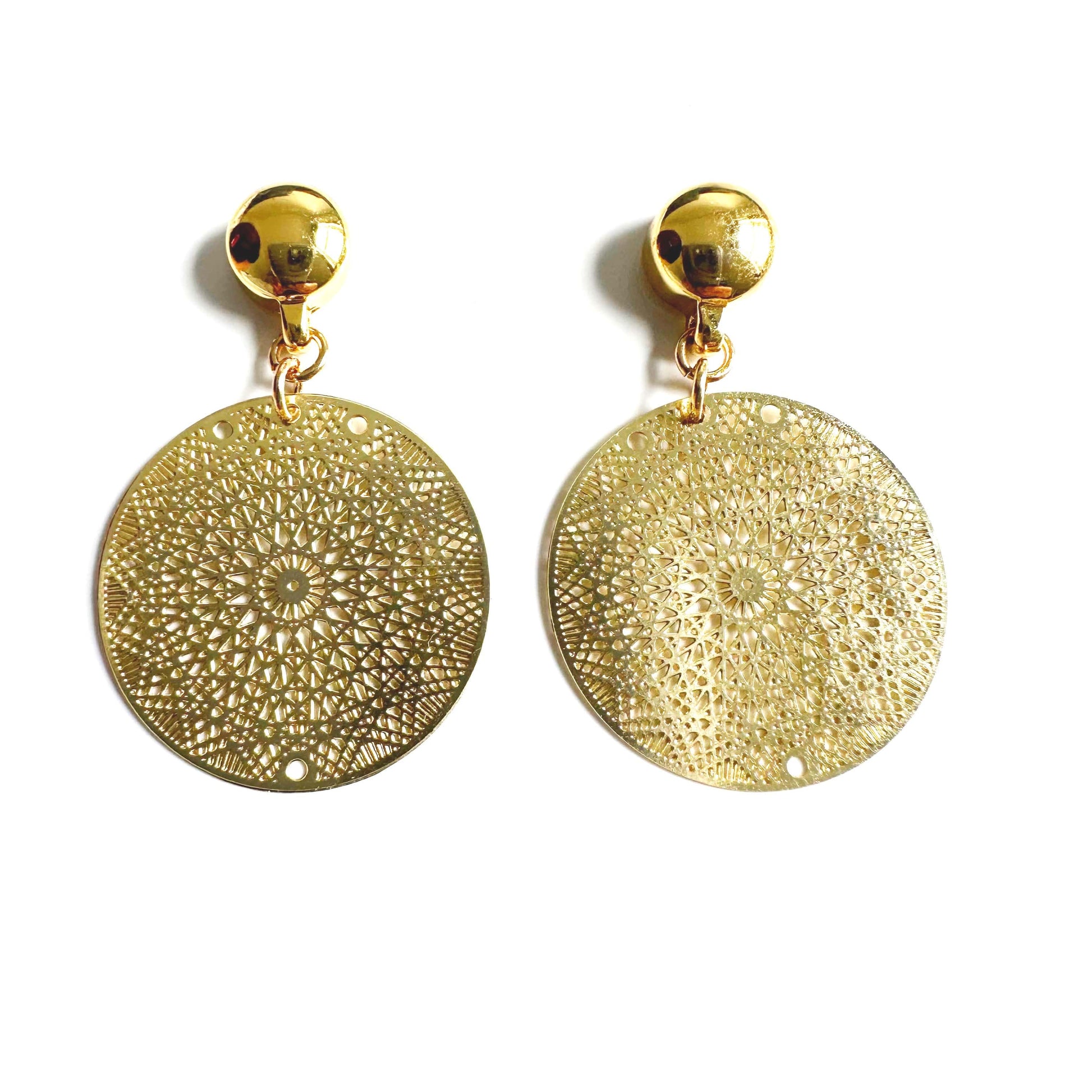 Gold Geometric disc earrings. Detachable earrings for a truly hypoallergenic jewellery on a white background