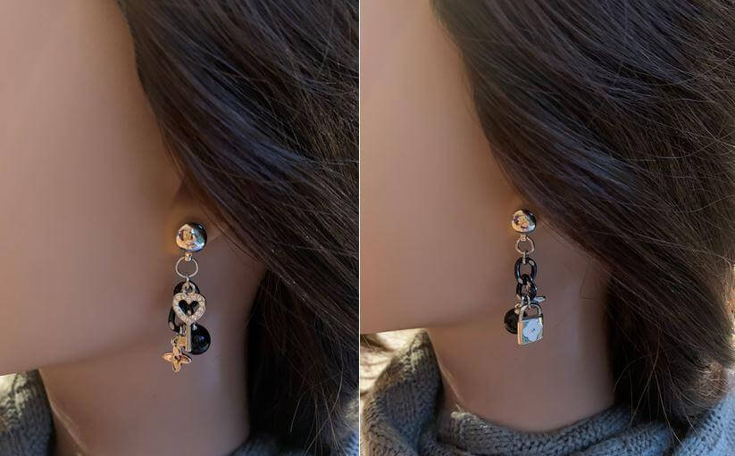 Magnetic Lock and Key Charm earrings. Detachable earrings for a truly hypoallergenic jewellery on a white young woman.