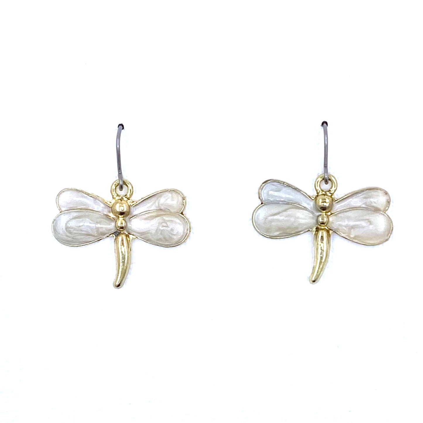 Pearly Dragonfly earrings with a titanium hook on a white background. white