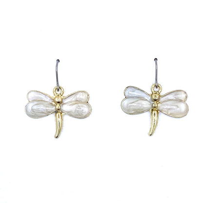 Pearly Dragonfly earrings with a titanium hook on a white background. white