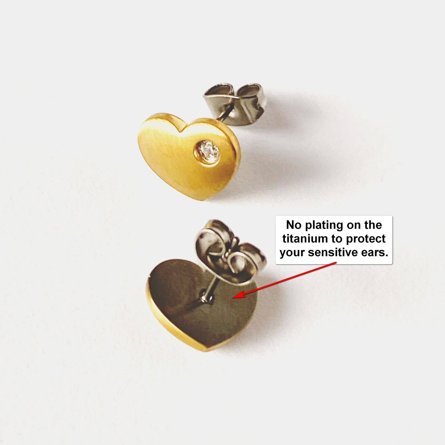 Golden Diamond Heart Studs Titanium shown on a white background and information about plating