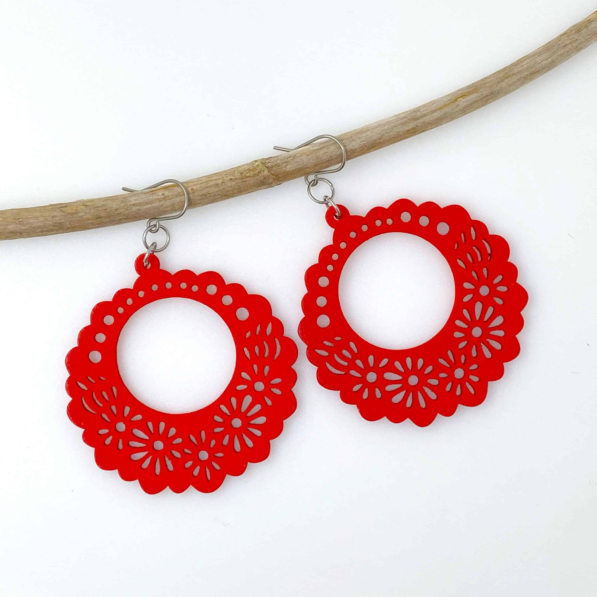 Red Wooden Floral earrings on a white background