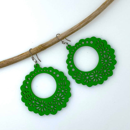 Wooden Floral earrings on a white background. green