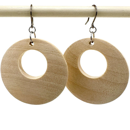 Wooden Hoopish Earrings with titanium hook. on a white background
