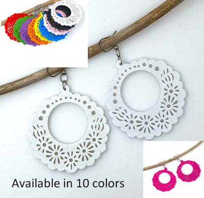 Wooden Floral earrings on a white background. 10 colours