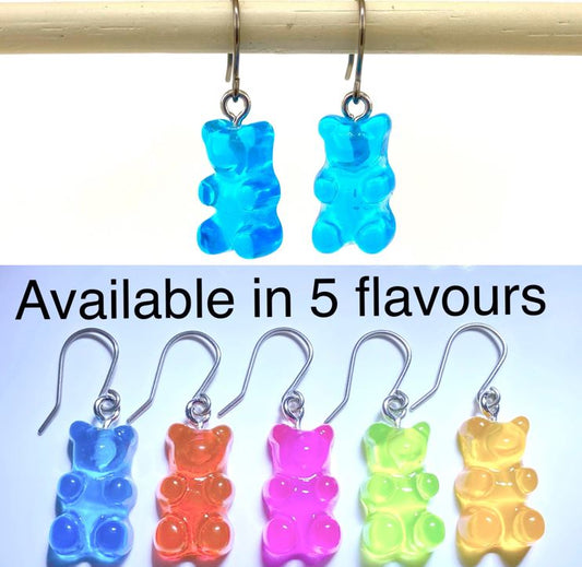 Gummy bear earrings with a titanium hook on a white background. 5 flavors